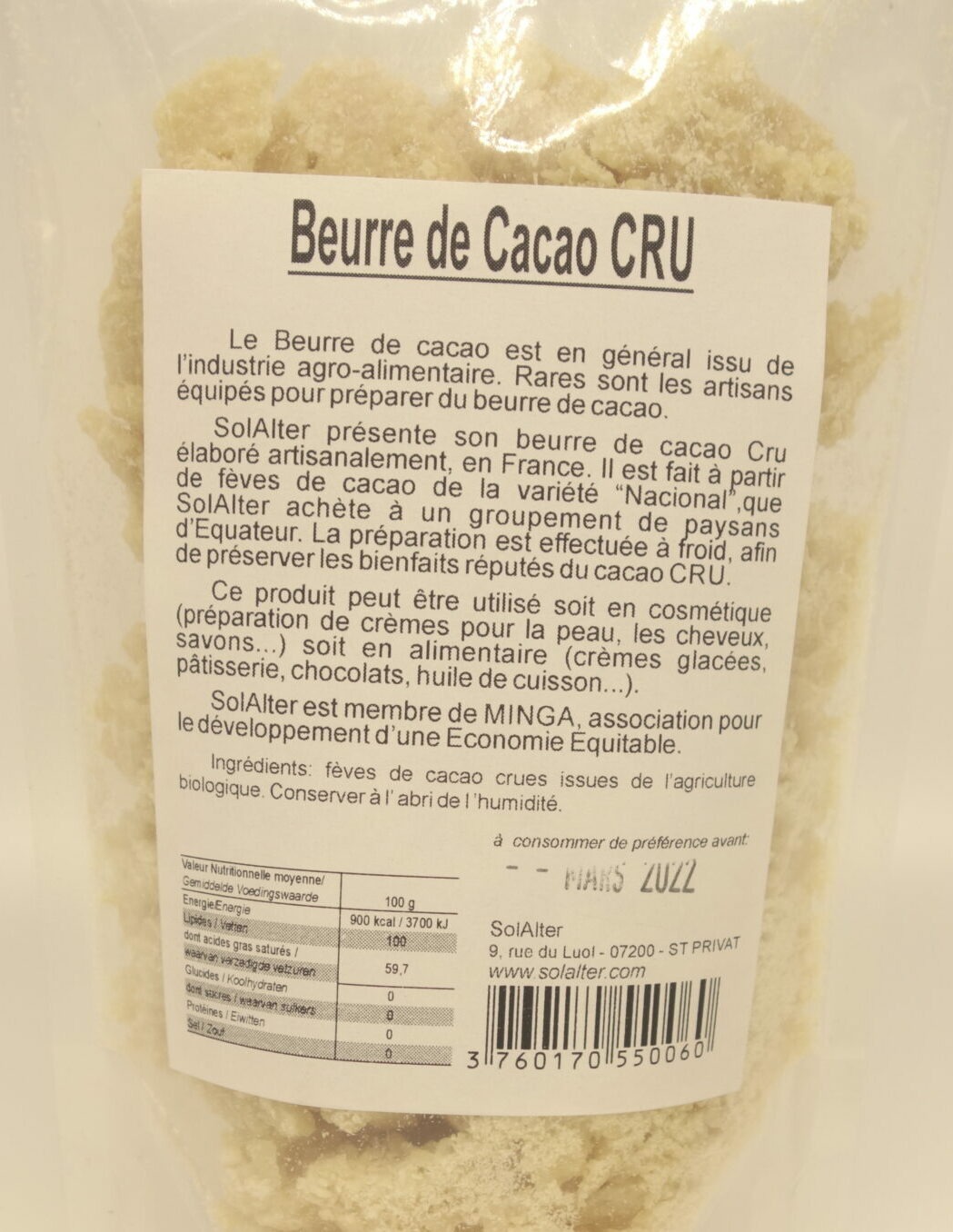 Beurre de cacao brut artisanal